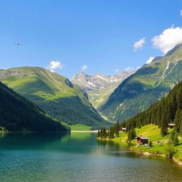 A beautiful landscape featuring a serene lake surrounded by lush green mountains under a clear blue sky