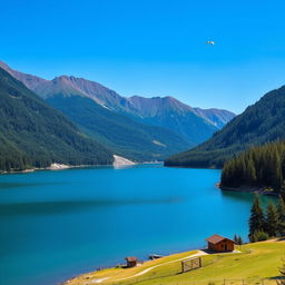 A beautiful landscape featuring a serene lake surrounded by lush green mountains under a clear blue sky