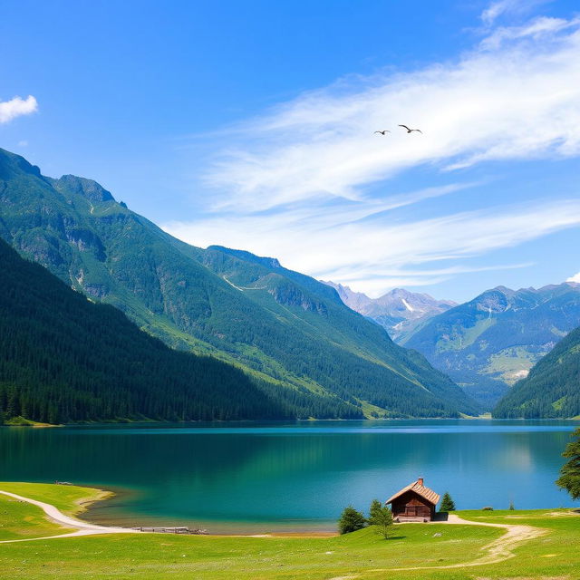 A beautiful landscape featuring a serene lake surrounded by lush green mountains under a clear blue sky