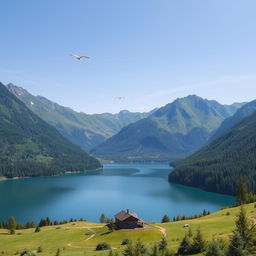 A beautiful landscape featuring a serene lake surrounded by lush green mountains under a clear blue sky