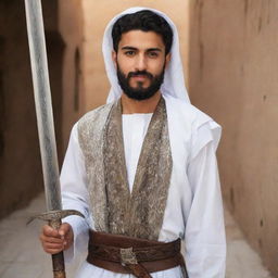 A handsome, bearded Arab youth in traditional attire, carrying a large Damascus sword, representing strength, courage, and tradition.