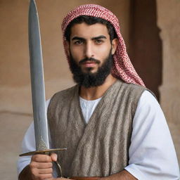 A handsome, bearded Arab youth in traditional attire, carrying a large Damascus sword, representing strength, courage, and tradition.