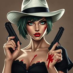 Cree una imagen de portada de una mujer mafiosa con un sombrero blanco y una pistola