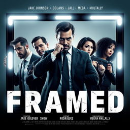 Create a movie poster for a heist movie titled 'Framed' featuring Jake Johnson, Donald Glover, Brittany Snow, Gina Rodriguez, DJ Qualls, and Megan Mullally