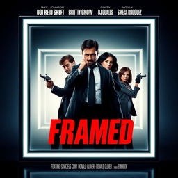 Create a movie poster for a heist movie titled 'Framed' featuring Jake Johnson, Donald Glover, Brittany Snow, Gina Rodriguez, DJ Qualls, and Megan Mullally