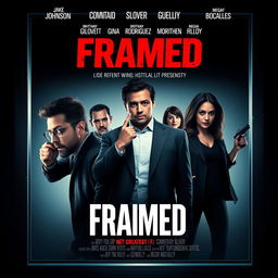 Create a movie poster for a heist movie titled 'Framed' featuring Jake Johnson, Donald Glover, Brittany Snow, Gina Rodriguez, DJ Qualls, and Megan Mullally