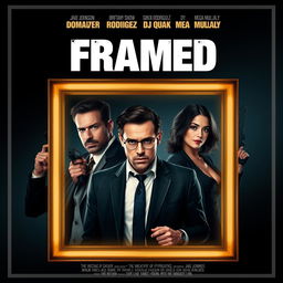 Create a movie poster for a heist movie titled 'Framed' featuring Jake Johnson, Donald Glover, Brittany Snow, Gina Rodriguez, DJ Qualls, and Megan Mullally