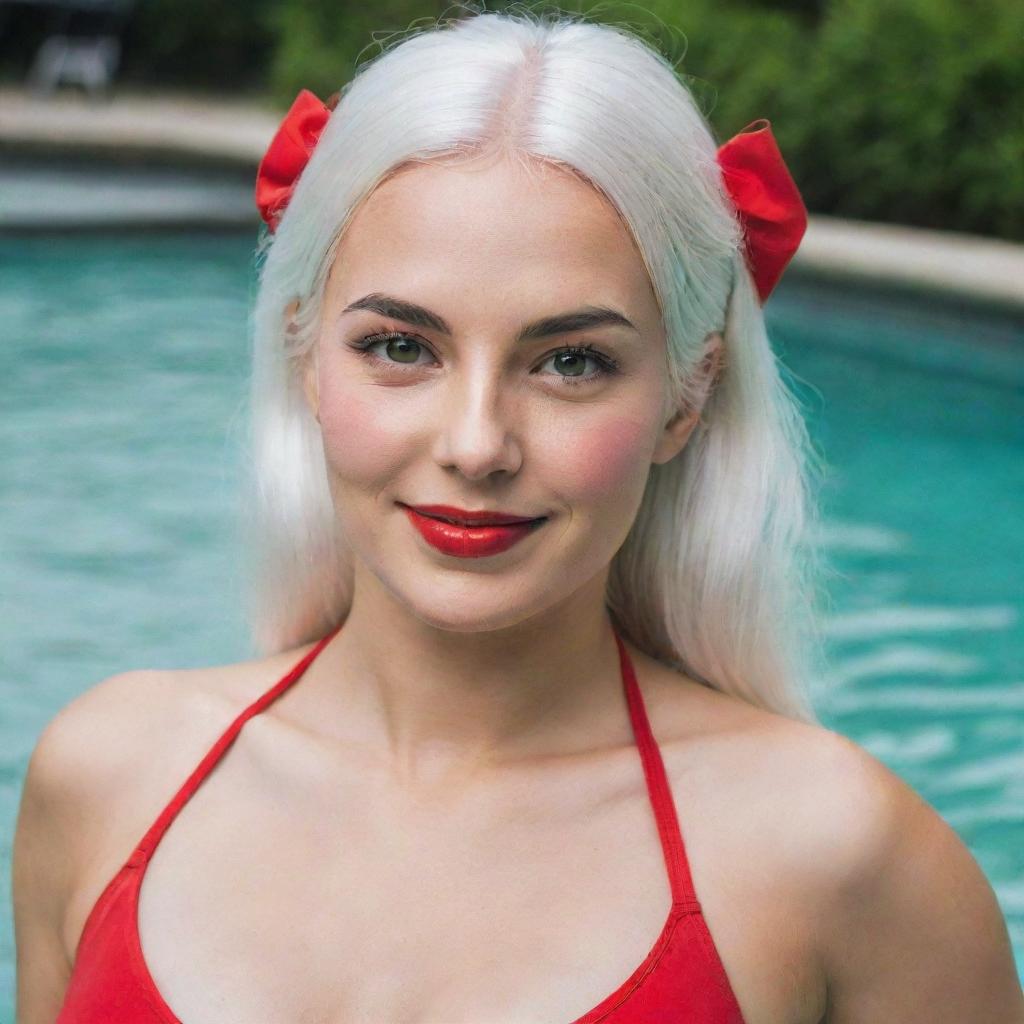 photo of a girl 30 years, average build, with white hair in red swimsuit. Proportional long square facial features, dimples in the cheeks, bow lips, large black eyebrows, smooth green medium eyes, swarthy skin.