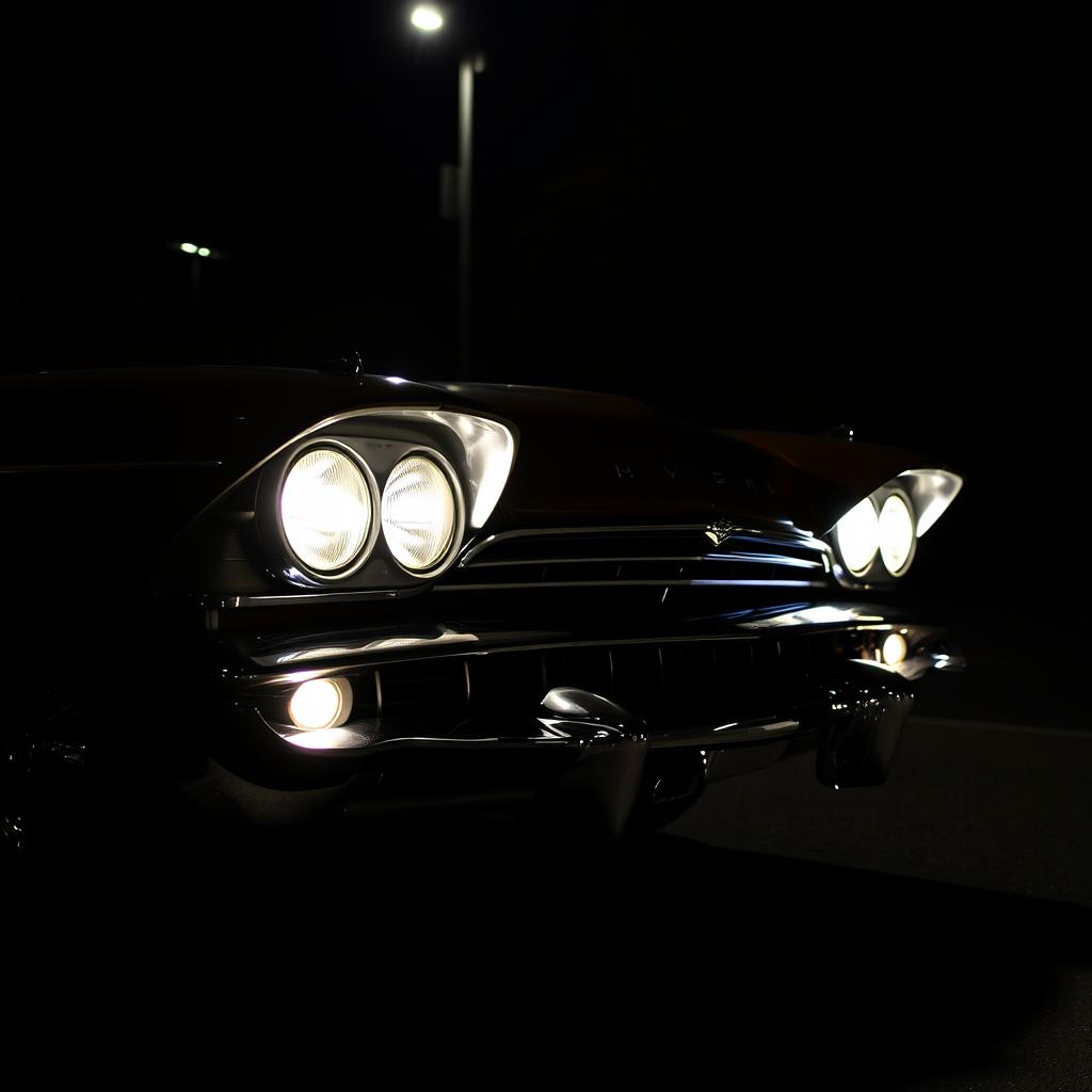 A detailed front view of a 1958 Plymouth Fury at night