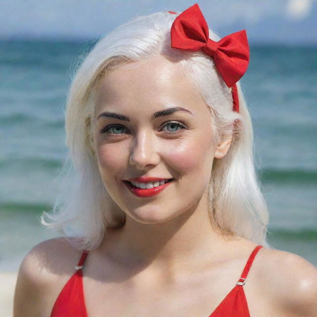 photo of a girl 30 years, average build, with white hair in red swimsuit. Proportional long square facial features, dimples in the cheeks, bow lips, large black eyebrows, smooth green medium eyes, swarthy skin.