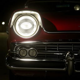 A detailed front view of a 1958 Plymouth Fury at night