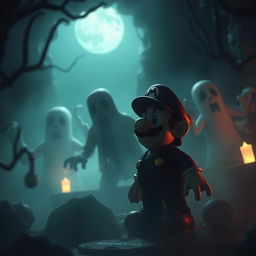 A dark and eerie scene from a Mario movie, featuring Mario in a spooky, haunted environment