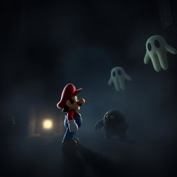 A dark and eerie scene from a Mario movie, featuring Mario in a spooky, haunted environment