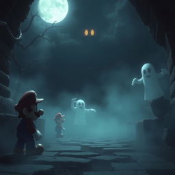 A dark and eerie scene from a Mario movie, featuring Mario in a spooky, haunted environment