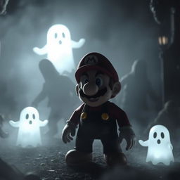 A dark and eerie scene from a Mario movie, featuring Mario in a spooky, haunted environment