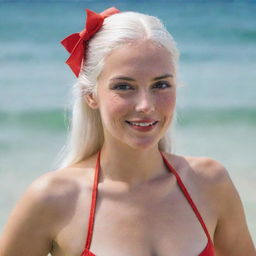 photo of a girl 30 years, average build, with white hair in red swimsuit. Proportional long square facial features, dimples in the cheeks, bow lips, large black eyebrows, smooth green medium eyes, swarthy skin.