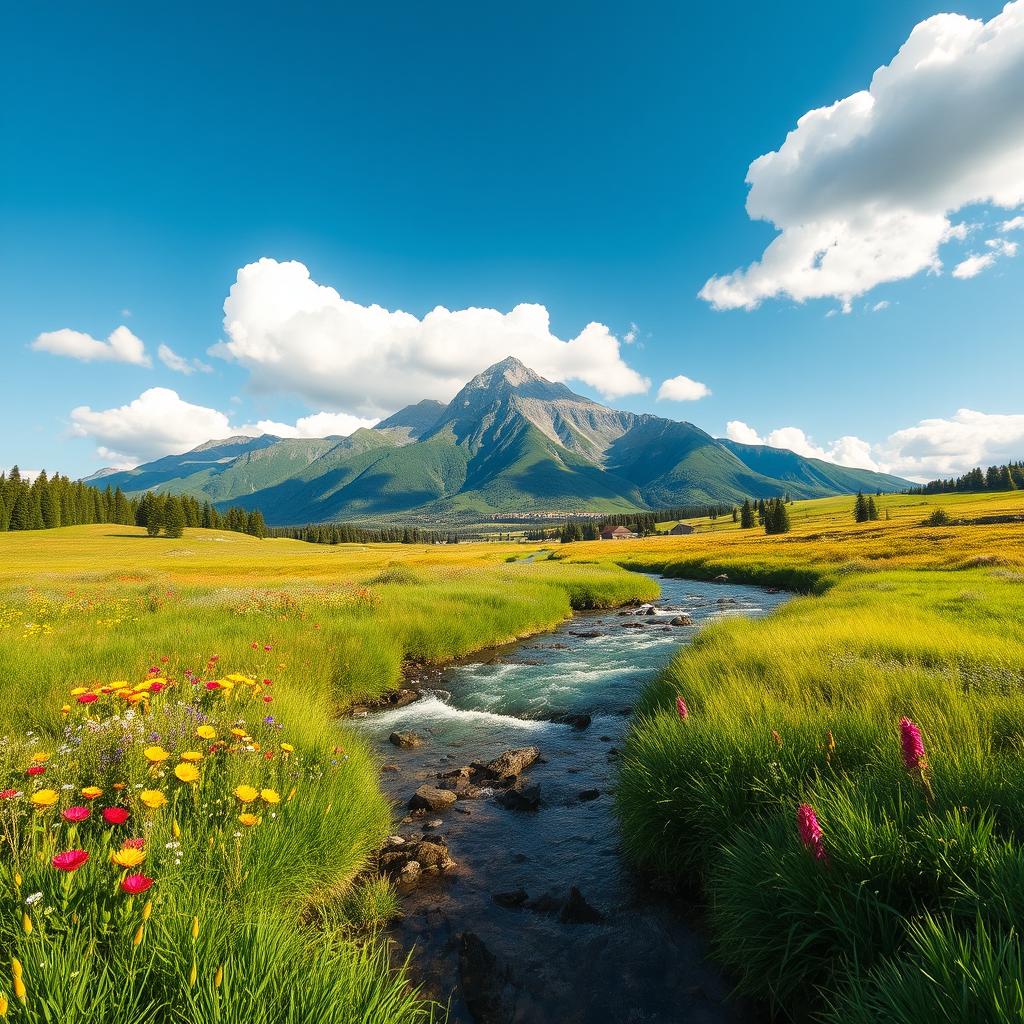 A serene landscape featuring a lush green meadow with colorful wildflowers, a crystal-clear river flowing through, and a majestic mountain range in the background under a bright blue sky with fluffy white clouds