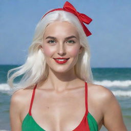 photo of a girl 30 years, average build, with white hair in red swimsuit. Proportional long square facial features, dimples in the cheeks, bow lips, large black eyebrows, smooth green medium eyes, swarthy skin.