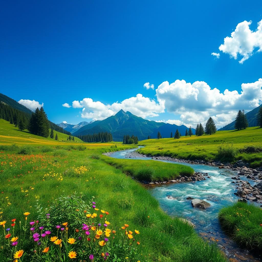 A serene landscape featuring a lush green meadow with colorful wildflowers, a crystal-clear river flowing through, and a majestic mountain range in the background under a bright blue sky with fluffy white clouds