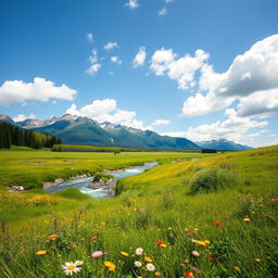 A serene landscape featuring a lush green meadow with colorful wildflowers, a crystal-clear river flowing through, and a majestic mountain range in the background under a bright blue sky with fluffy white clouds