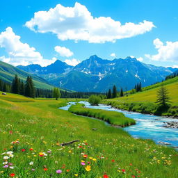 A serene landscape featuring a lush green meadow with colorful wildflowers, a crystal-clear river flowing through, and a majestic mountain range in the background under a bright blue sky with fluffy white clouds