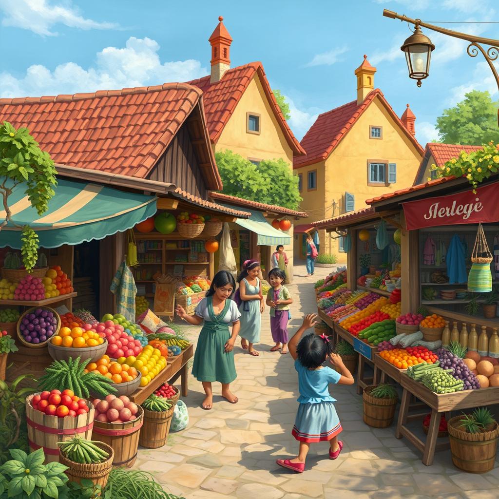 Create a vibrant, detailed image featuring a lively scene of a bustling market in a quaint village