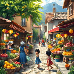 Create a vibrant, detailed image featuring a lively scene of a bustling market in a quaint village