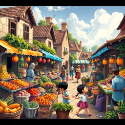 Create a vibrant, detailed image featuring a lively scene of a bustling market in a quaint village