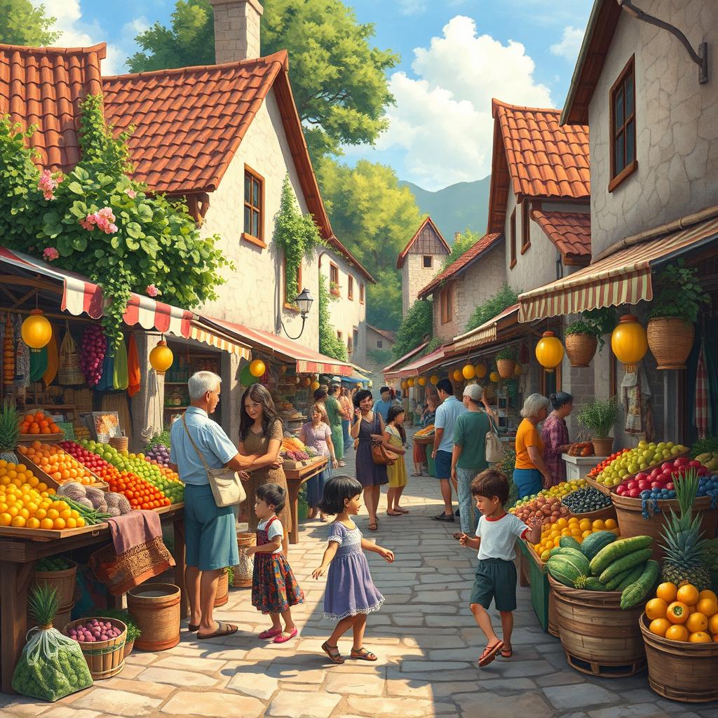 Create a vibrant, detailed image featuring a lively scene of a bustling market in a quaint village