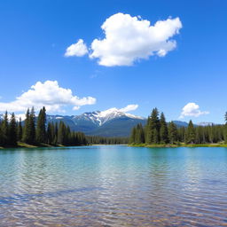 A serene landscape featuring a crystal-clear lake surrounded by tall, lush green trees