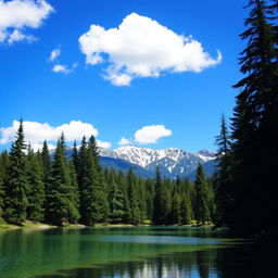 A serene landscape featuring a crystal-clear lake surrounded by tall, lush green trees