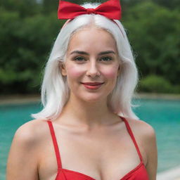 photo of a girl 30 years, average build, with white hair in red swimsuit. Proportional long square facial features, dimples in the cheeks, bow lips, large black eyebrows, smooth green medium eyes, swarthy skin.