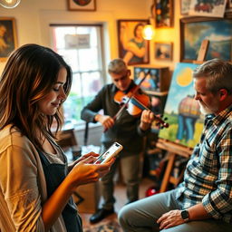 A woman is using a smartphone, while a man is playing a violin and another man is painting