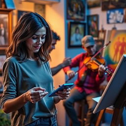 A woman is using a smartphone, while a man is playing a violin and another man is painting