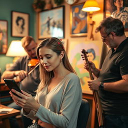 A woman is using a smartphone, while a man is playing a violin and another man is painting