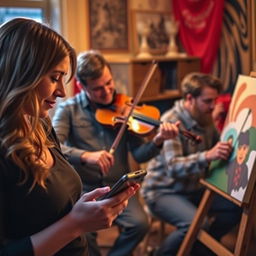 A woman is using a smartphone, while a man is playing a violin and another man is painting