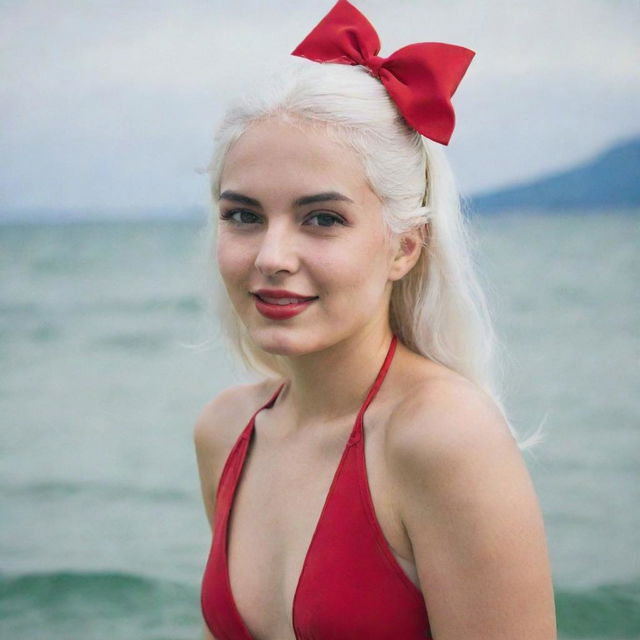 photo of a girl 30 years, average build, with white hair in red swimsuit. Proportional long square facial features, dimples in the cheeks, bow lips, large black eyebrows, smooth green medium eyes, swarthy skin.