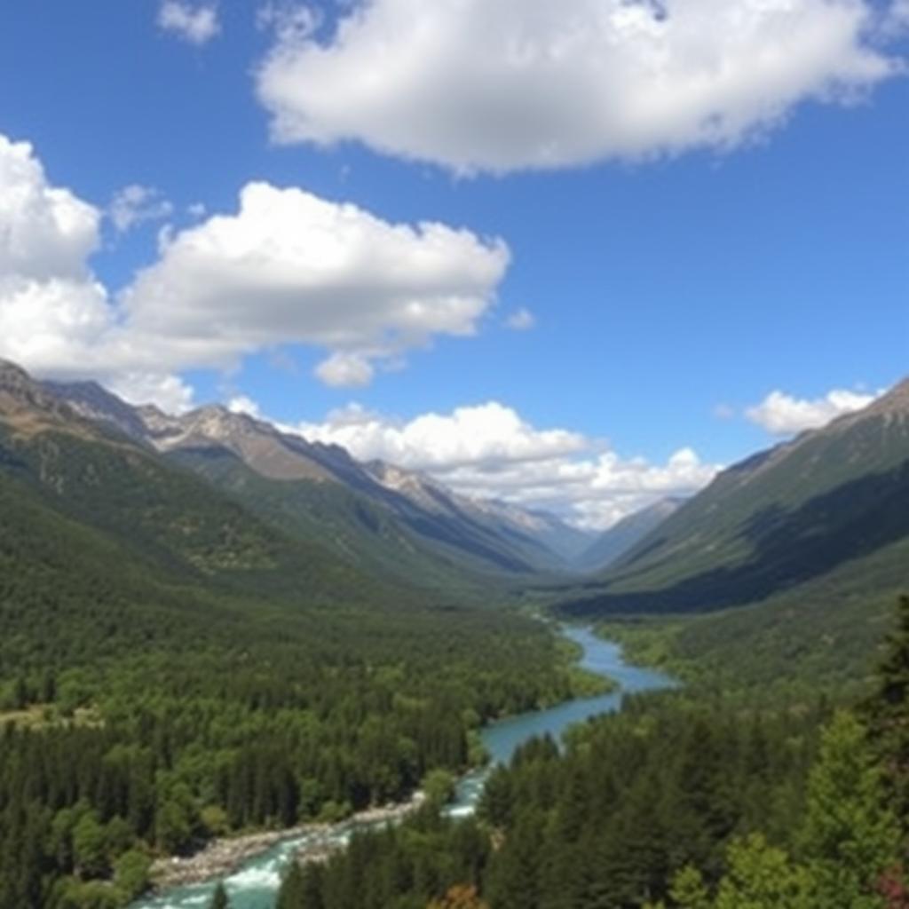 A beautiful landscape with mountains, a river flowing through a lush forest, and a clear blue sky with fluffy white clouds