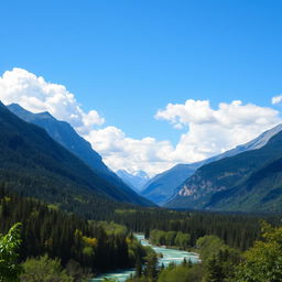 A beautiful landscape with mountains, a river flowing through a lush forest, and a clear blue sky with fluffy white clouds