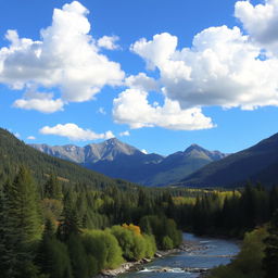 A beautiful landscape with mountains, a river flowing through a lush forest, and a clear blue sky with fluffy white clouds