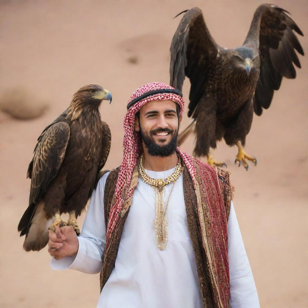 A handsome, bearded Arab youth in traditional attire, carrying a large eagle on his arm, exuding an aura of strength and freedom.