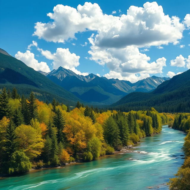 A beautiful landscape with mountains, a river flowing through a lush forest, and a clear blue sky with fluffy white clouds