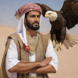 A handsome, bearded Arab youth in traditional attire, carrying a large eagle on his arm, exuding an aura of strength and freedom.