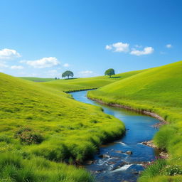 Create an image of a serene landscape with a clear blue sky, lush green meadows, and a calm river flowing through it