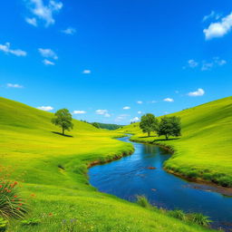 Create an image of a serene landscape with a clear blue sky, lush green meadows, and a calm river flowing through it