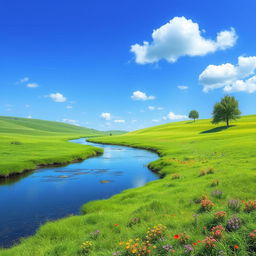 Create an image of a serene landscape with a clear blue sky, lush green meadows, and a calm river flowing through it