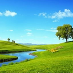 Create an image of a serene landscape with a clear blue sky, lush green meadows, and a calm river flowing through it