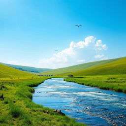 A serene landscape featuring a clear blue sky, lush green meadows, and a sparkling river flowing through the scene