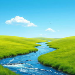 A serene landscape featuring a clear blue sky, lush green meadows, and a sparkling river flowing through the scene