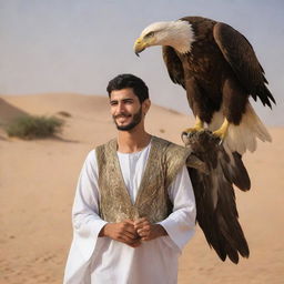 A handsome, bearded Arab youth in traditional attire, carrying a large eagle on his arm, exuding an aura of strength and freedom.